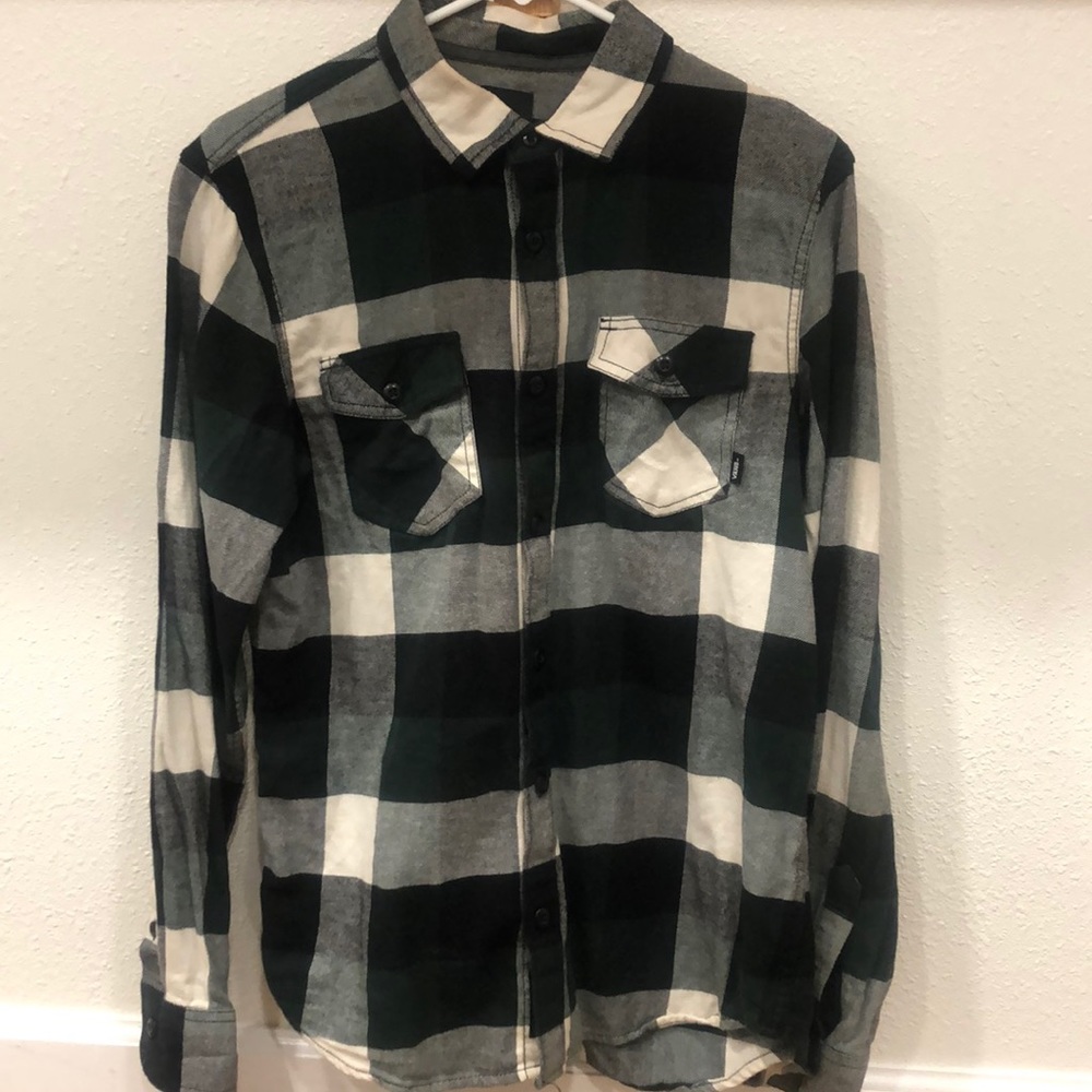 Dark green-black-white checkered flannel.